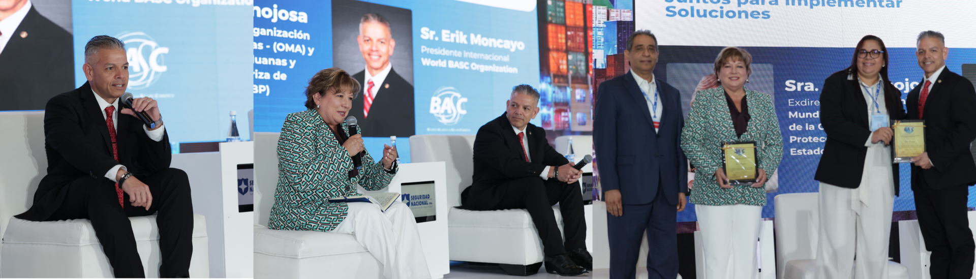 Momentos durante el panel “Conversatorio sobre U.S. Customs and Border Protection (CBP) y sus esfuerzos de cooperación internacional” con Erik Moncayo y Ana Hinojosa.
