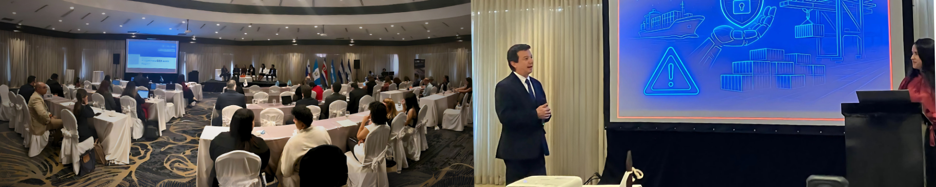 Primera foto: Momentos durante la mesa redonda “Programas OEA en la Región”, con la participación de expertos de los programas de Operador Económico Autorizado de Guatemala, República Dominicana, Costa Rica y Panamá. Segunda foto: Walter López durante su interveción “Trazabilidad integral en la cadena logística”. 