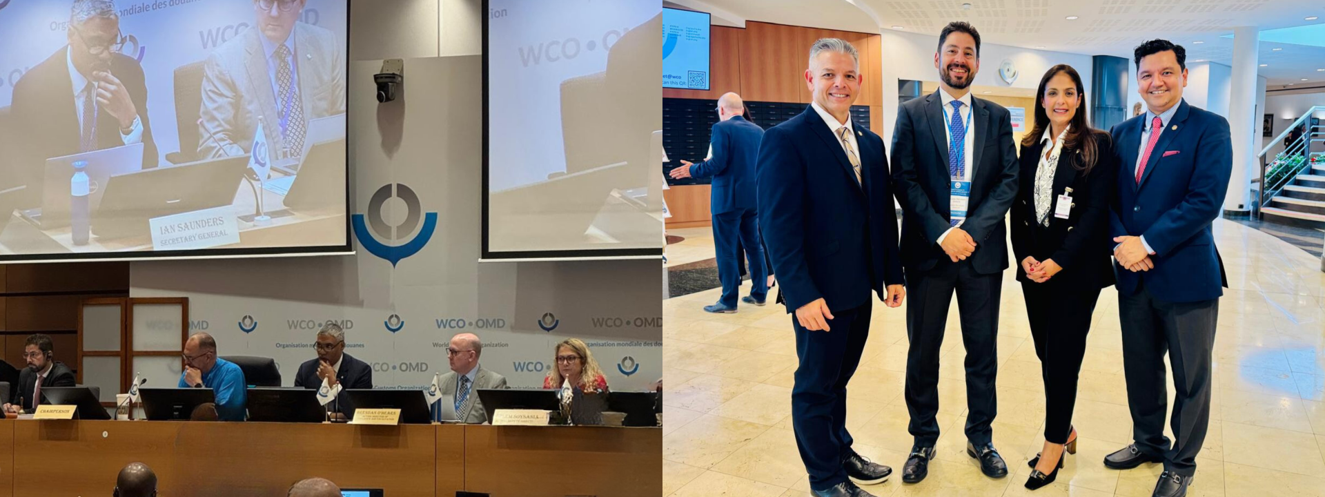 Primera foto: momentos durante la intervención del Sr. Ian Saunders, Secretario General de la OMA. Segunda foto, de izquierda a derecha: Erik Moncayo, presidente internacional de WBO; Ricardo Treviño, secretario general adjunto de la OMA; Suzanne Lemaitre, directora ejecutiva de WBO; y Oscar Sánchez, presidente de la Junta Directiva de WBO. 