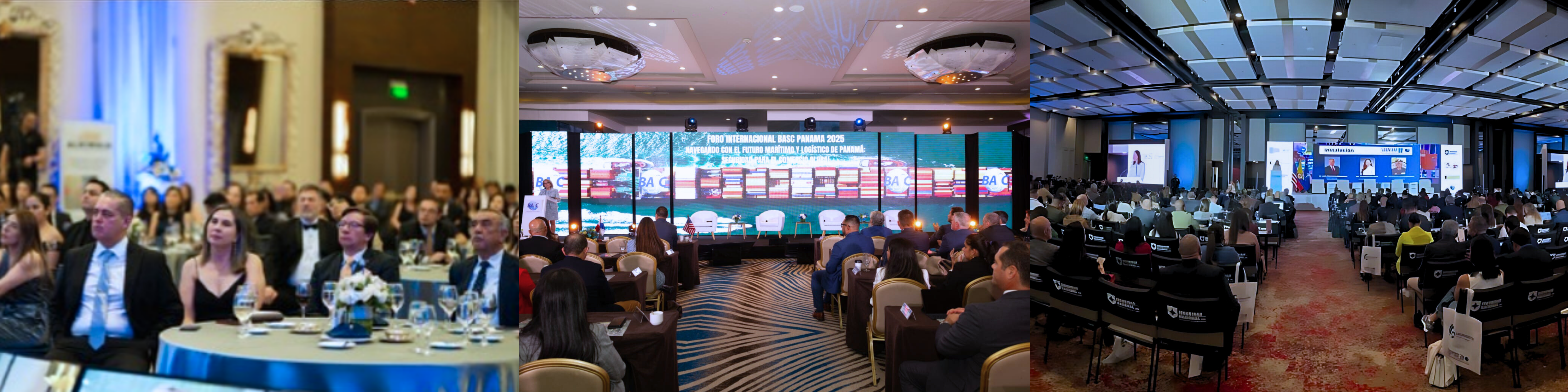 De izquierda a derecha: imágenes de la celebración de 25 años de constitución de BASC Pichincha, el Foro Internacional BASC Panamá 2025 y el Congreso Nacional BASC Colombia 2025.